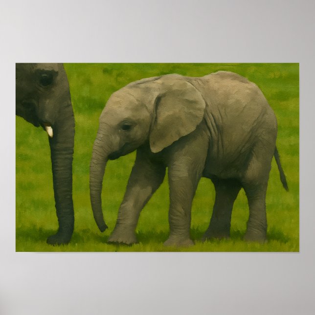 Young Elephant with Guardian in Grassy Reserve Poster (Framsidan)