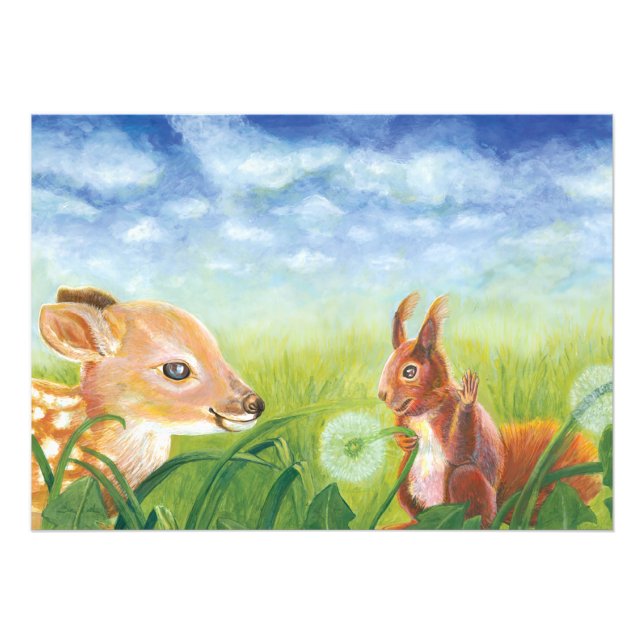 Young Fawn och Squirrel på Vår Meadow Fototryck (Framsidan)
