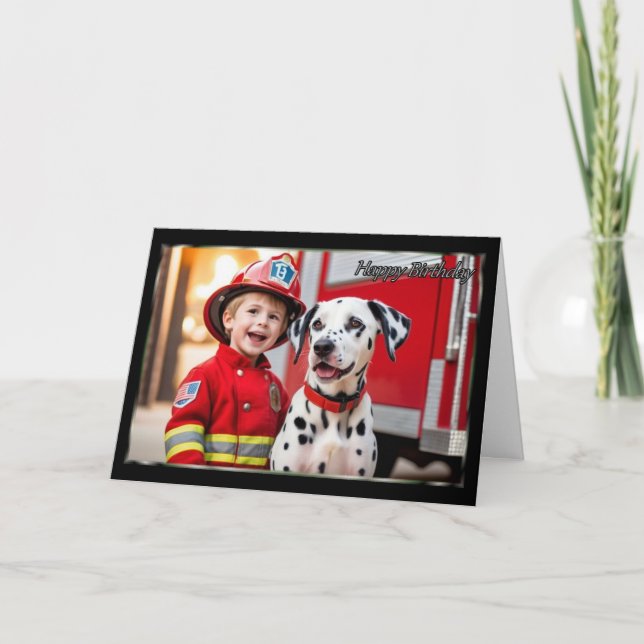 Young Fireman och Dalmatian Boy's Birthday Card Kort (Framsida)