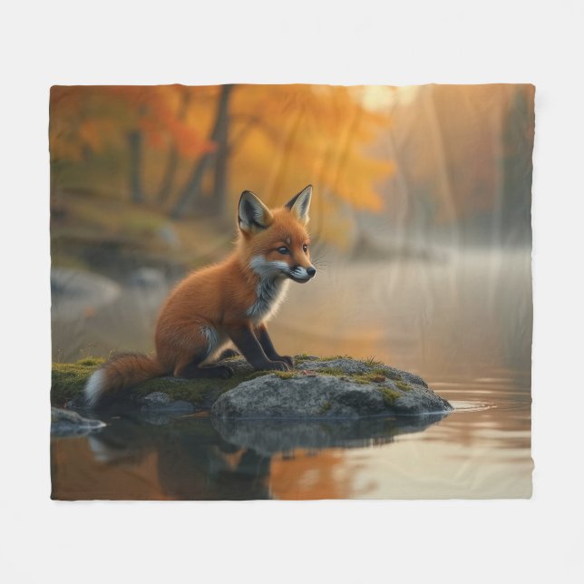 Young Fox på hösten Fleecefilt (Framsidan (Horisontell))