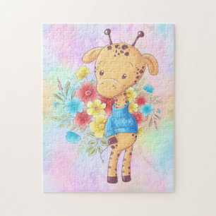Young Giraffe in a Blue Sweater with Flowers Pussel