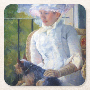 Young Girl and her Hund, Mary Cassatt Underlägg Papper Kvadrat