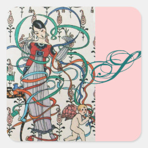 YOUNG GIRL, FÄRGKANJSVÄRLOR, CUPID MONOGRAM FYRKANTIGT KLISTERMÄRKE