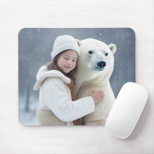 Young Girl Hugger en Polar Bear Musmatta (Med mus)