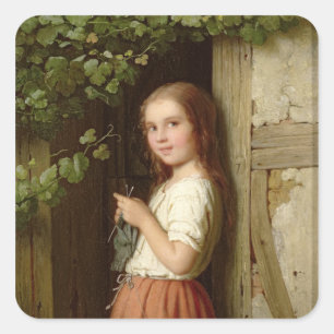 Young Girl i en Doorway Knitting, 1863 Fyrkantigt Klistermärke