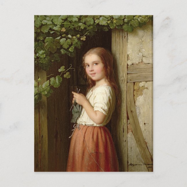 Young Girl i en Doorway Knitting, 1863 Vykort (Framsida)