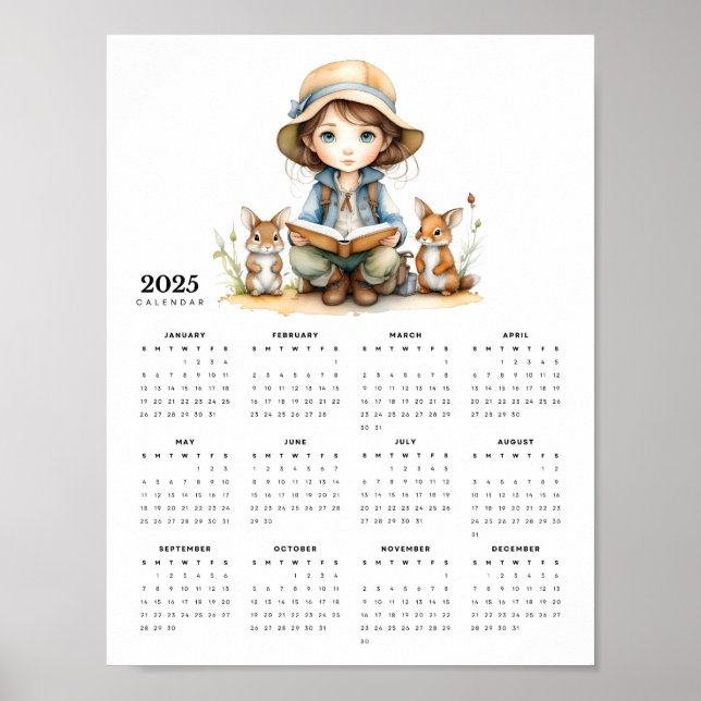 Young Girl in Hat Reading to Rabbits 2025 Calendar Poster (Framsidan)