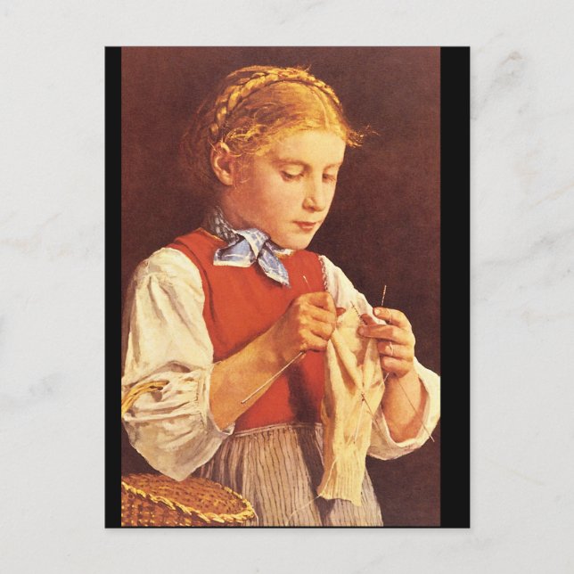 Young Girl Knitting',_Porträtt Vykort (Framsida)