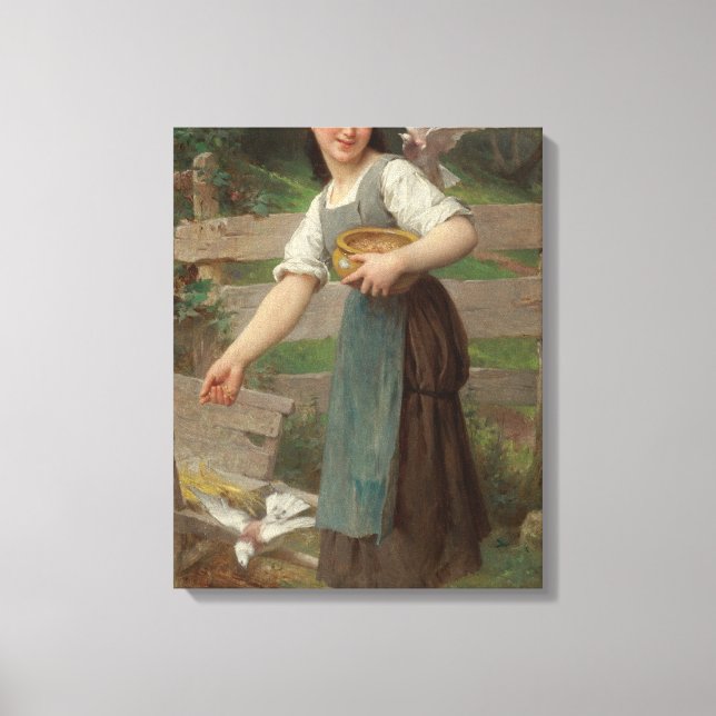Young Girl Matar Doves (av Émile Munier) Canvastryck (Framsida)