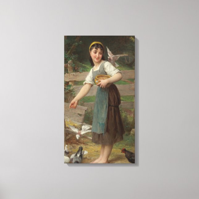 Young Girl Matar Doves (av Émile Munier) Canvastryck (Framsida)