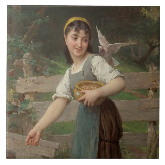 Young Girl Matar Doves (av Émile Munier) Kakelplatta (Framsidan)