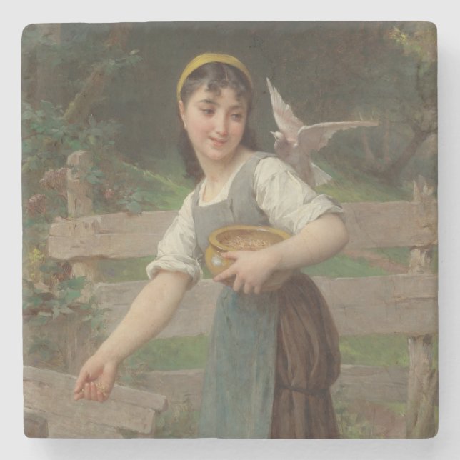 Young Girl Matar Doves (av Émile Munier) Stenunderlägg (Framsidan)