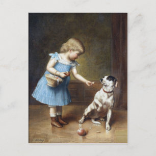 Young Girl Matar en Hund av Carl Reichert Vykort