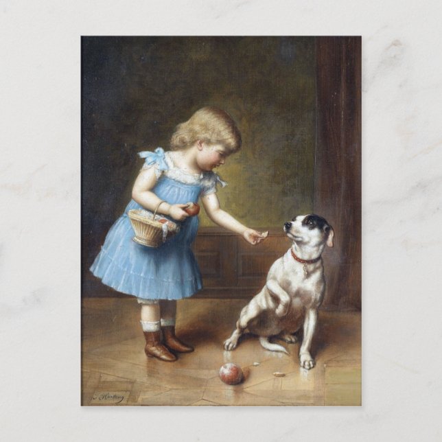 Young Girl Matar en Hund av Carl Reichert Vykort (Framsida)