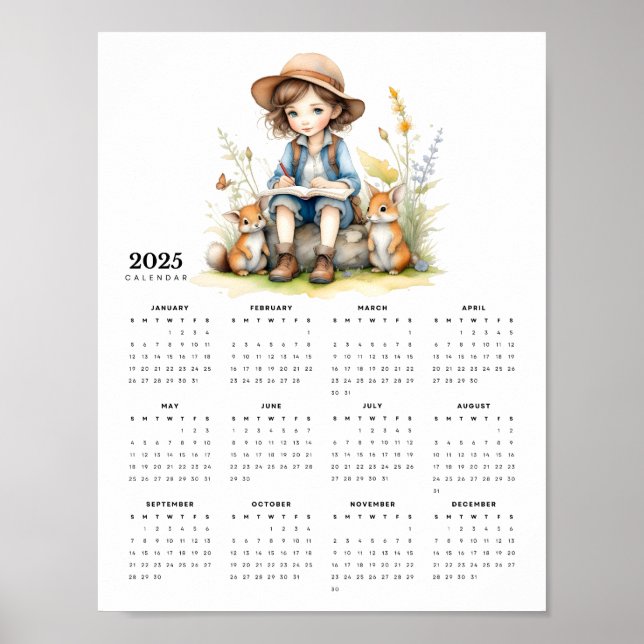 Young Girl Reading a Bok to Rabbits 2025 Calendar Poster (Framsidan)