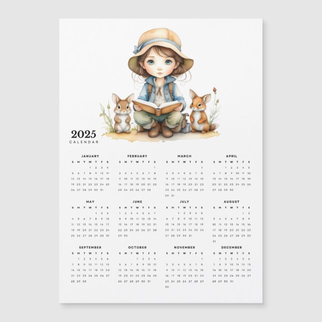 Young Girl Reading to Rabbits 2025 Magnet Calendar (Framsida)