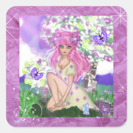 Young Girl Sitta med Butterflies Sticker Fyrkantigt Klistermärke