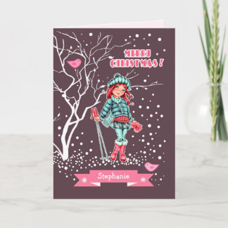 Young Girl Skier | Anpassad jul för namn Helgkort