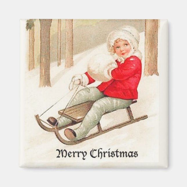 Young Girl Sledding Vintage Magnet (Framsidan)