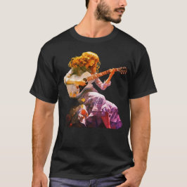 Young Girl Strumming a Guitar on a Black T-Shirt