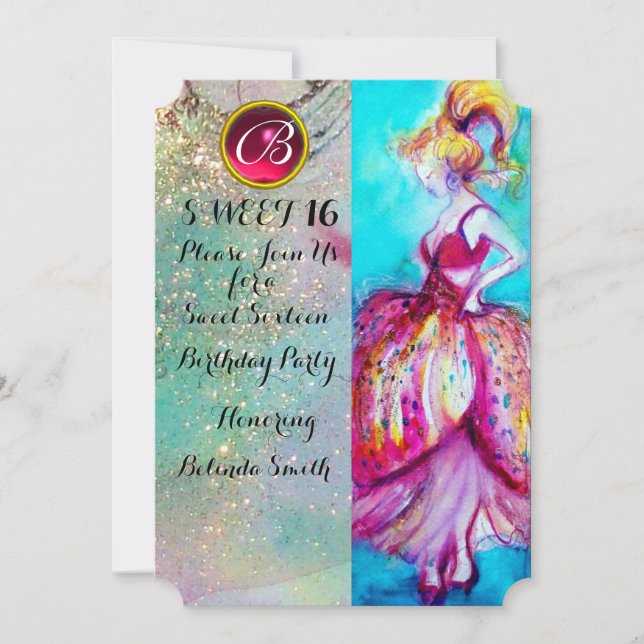 YOUNG GIRL SWEET 16 PARTY, Blue Sparkles Monogram Inbjudningar (Framsida)