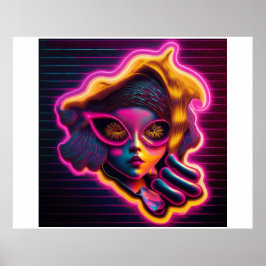 Young Girl Tittar Thru Neon Electric Portal Poster