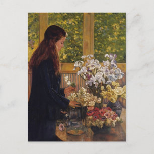 Young Girl, Vas of Flowers by Theo Rysselberghe Vykort
