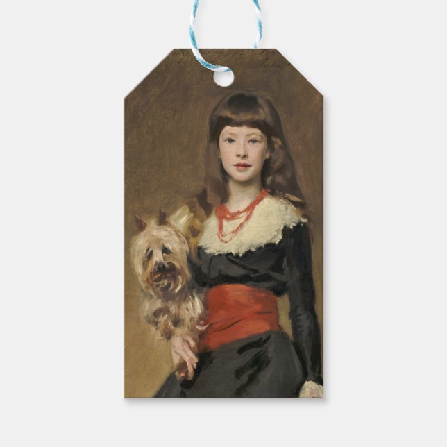 Young Girl Victorian Portrait with Fluffy Terrier Presentetikett (Framsidan)