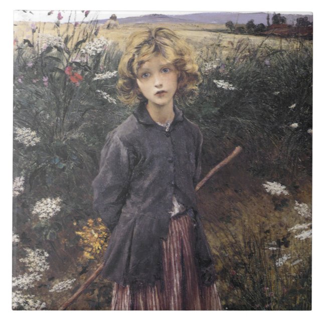 Young Girl Walking between Flowers (Bastien-Lepage Kakelplatta (Framsidan)