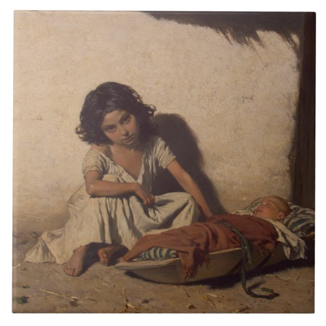 Young Girl with a Baby (Poor Street Children) Kakelplatta (Framsidan)