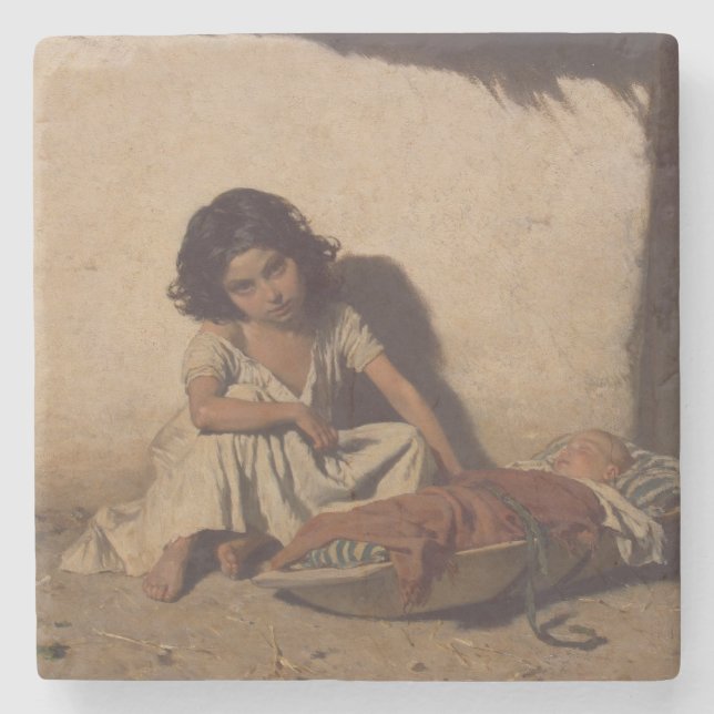 Young Girl with a Baby (Poor Street Children) Stenunderlägg (Framsidan)