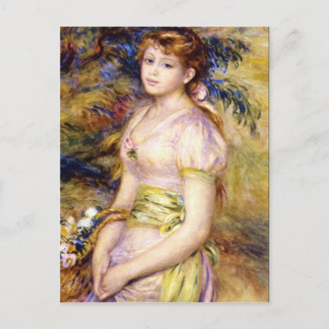 Young Girl with a Basket of Flowers by Renoir Vykort (Framsida)