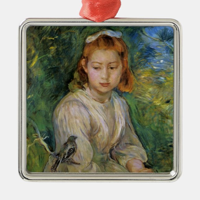 Young Girl with a Bird (av Berthe Morisot) Julgransprydnad Metall (Framsidan)