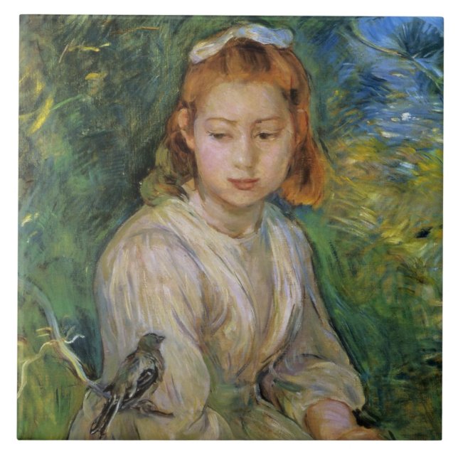 Young Girl with a Bird (av Berthe Morisot) Kakelplatta (Framsidan)