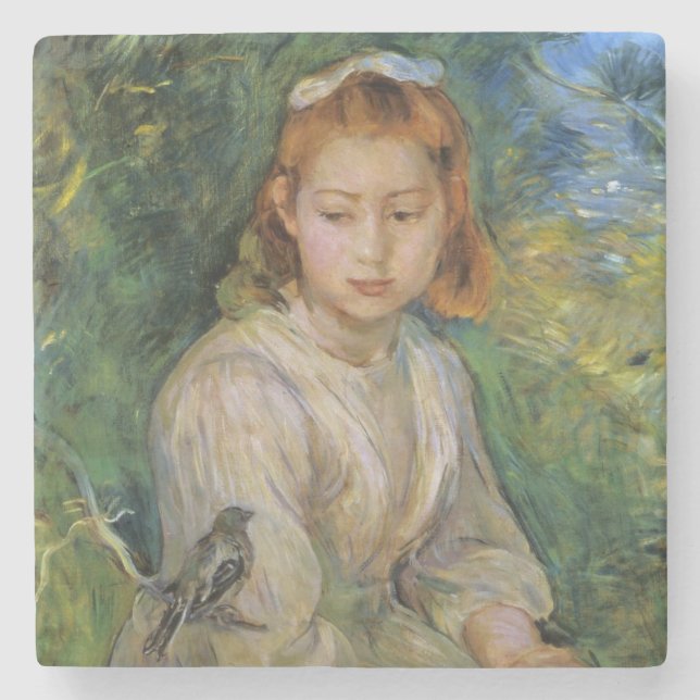 Young Girl with a Bird (av Berthe Morisot) Stenunderlägg (Framsidan)