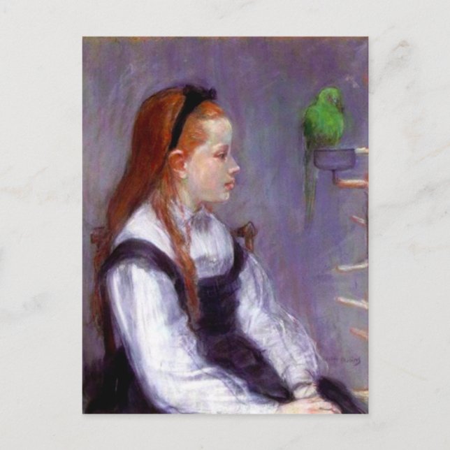 Young Girl with a Parrot, Berthe Morisot Vykort (Framsida)