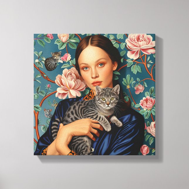 Young Girl with Grått Cat Art Canvastryck (Framsida)