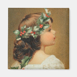 Young Girl with Holly Vintage Magnet