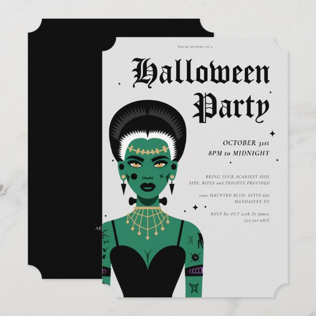 Young Goth Bride of Frankenstein Halloween fest Inbjudningar (Fram/baksida)
