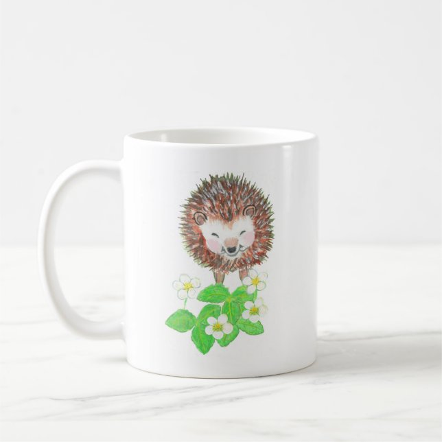 Young Hedgehog & Vild Strawberry Flowers Kaffemugg (Vänster)