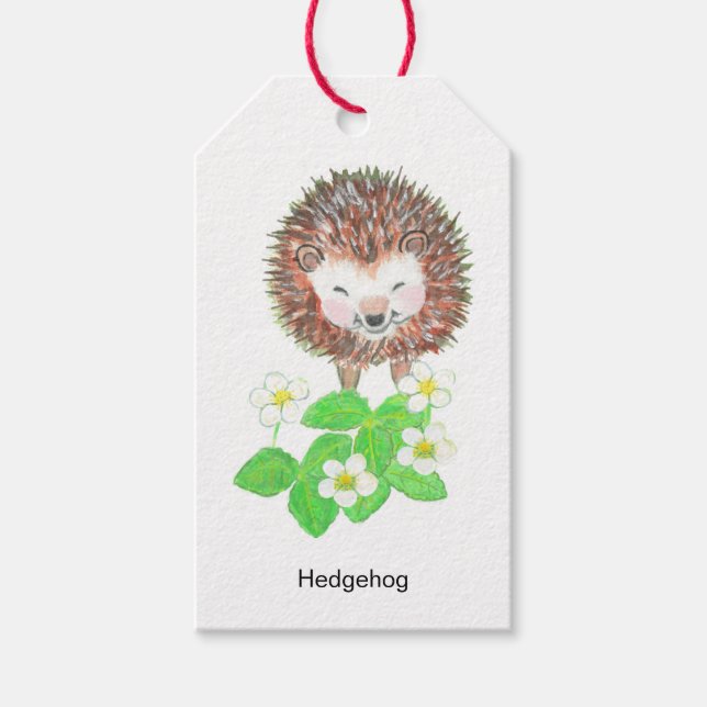 Young Hedgehog & Vild Strawberry Flowers Presentetikett (Framsidan)