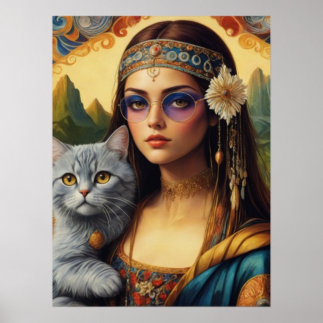 Young Hippie Mona Lisa och Hennes Grått Cat Poster (Framsidan)