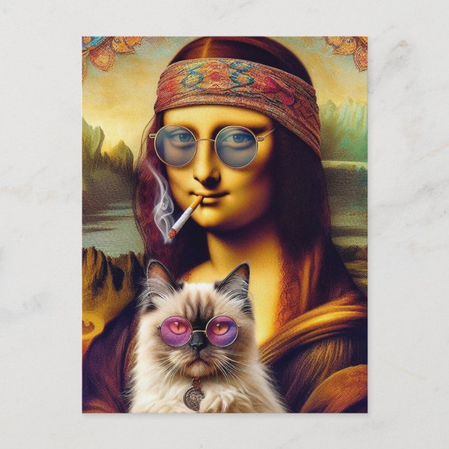 Young Hippie Mona Lisa och Hennes Himalayan Cat Vykort (Framsida)
