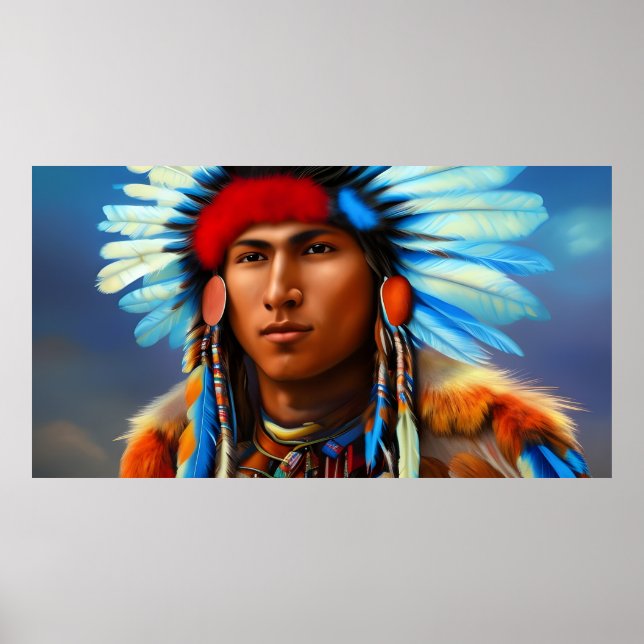 Young Indian Man med fjädrar blå Poster (Framsidan)
