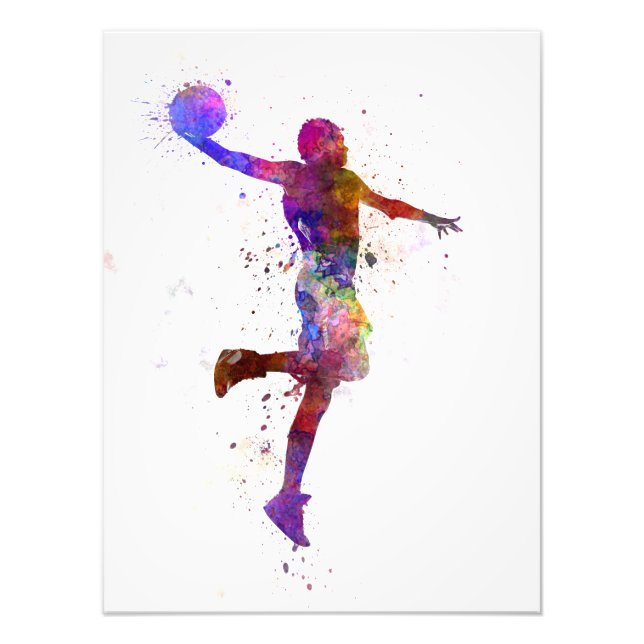 young man basketball player one hand slam dunk fototryck (Framsidan)
