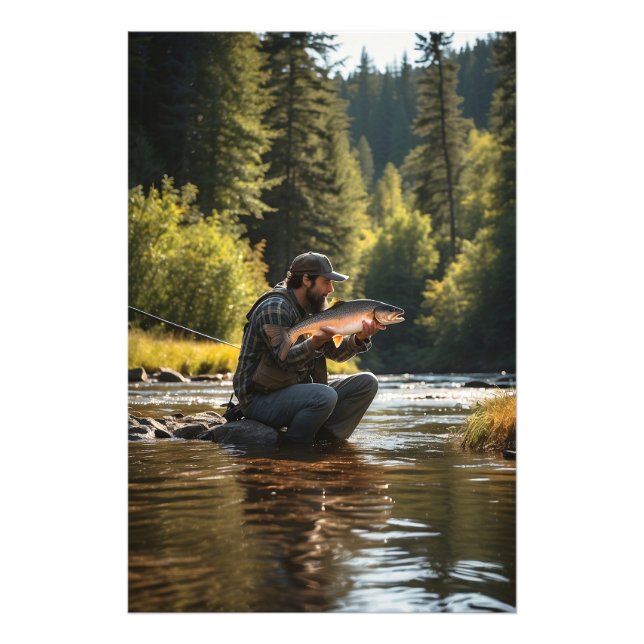*~* Young Man Fishing Stream Nature AP49 Fototryck (Framsidan)