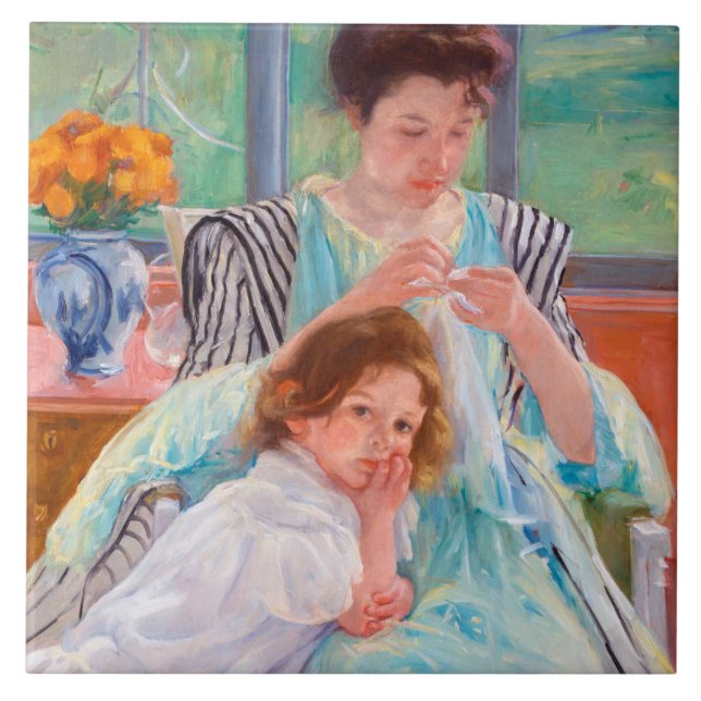 Young Mor Sewing, Mary Cassatt Kakelplatta (Framsidan)
