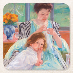 Young Mor Sewing, Mary Cassatt Underlägg Papper Kvadrat