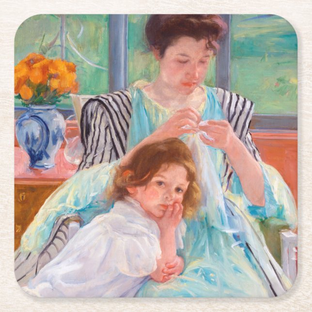 Young Mor Sewing, Mary Cassatt Underlägg Papper Kvadrat (Framsidan)