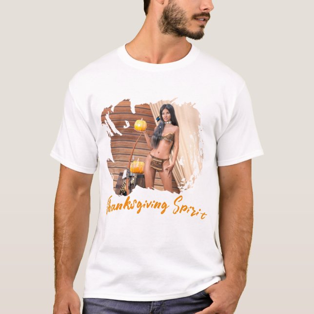 Young Native American Posing on Wood Wall T Shirt (Framsida)